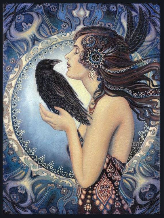 Raven Goddess Pagan Mythology Celtic Witch Art Nouveau Bohemian Gypsy