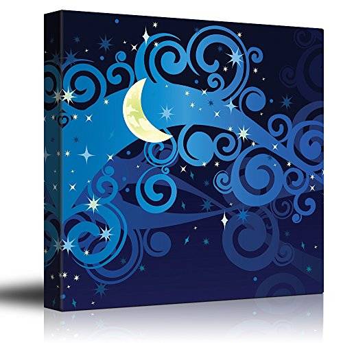 Vectored Illustration Of A Yellow Crescent Moon On Blue Swirly Clouds ...