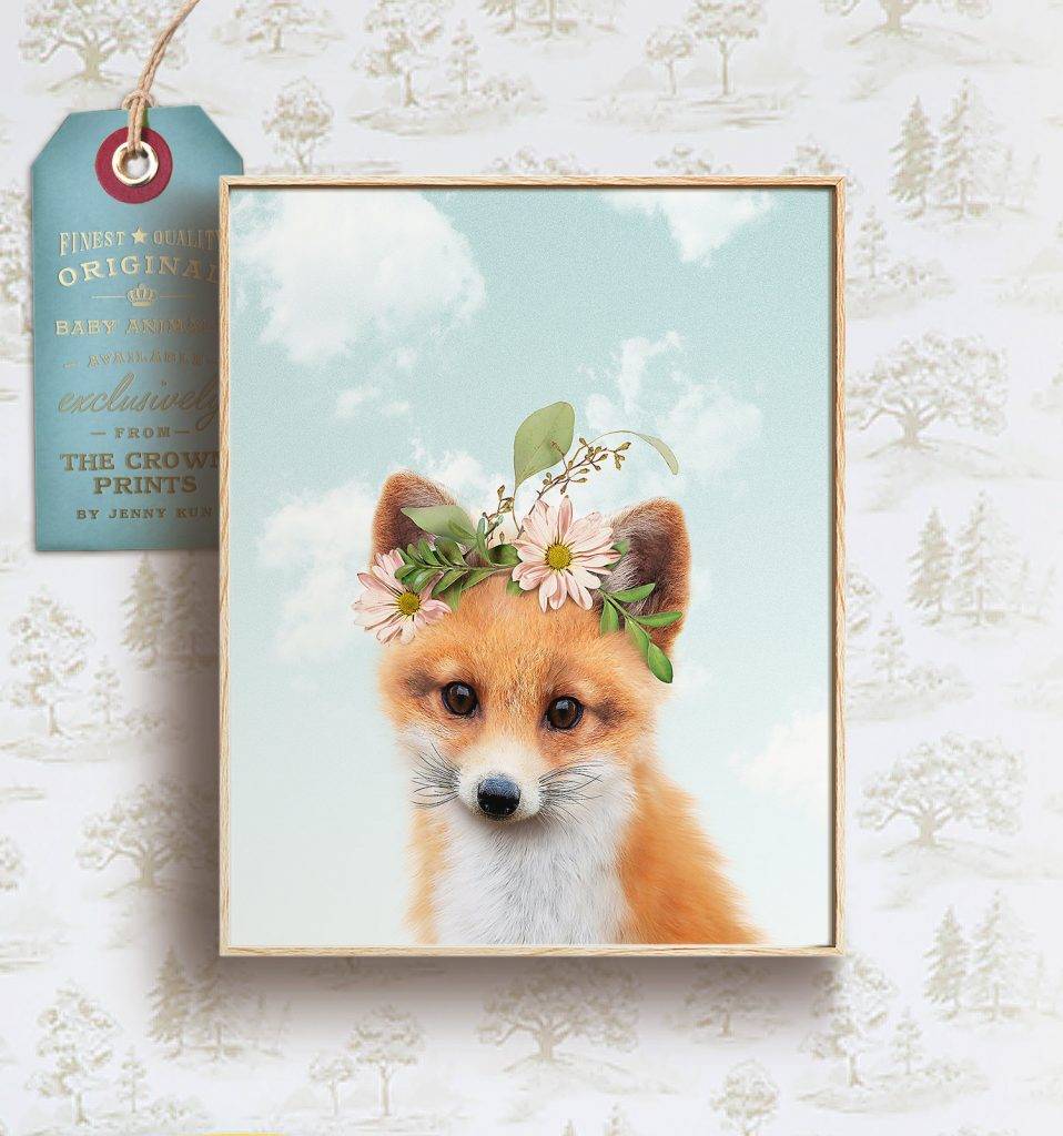 Fox, Fox With Flowers, Flower Crown, Woodland Animal Prints, Baby ...