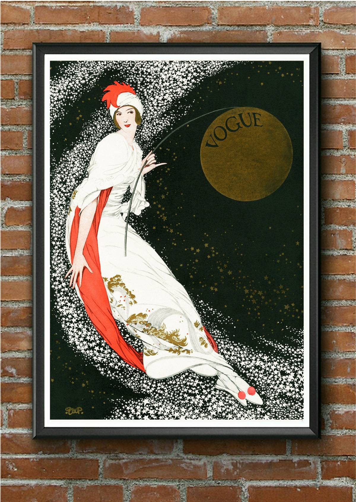 Vintage Art Deco Lunar / Moon Art Lady And Moon Vogue Fashion Print